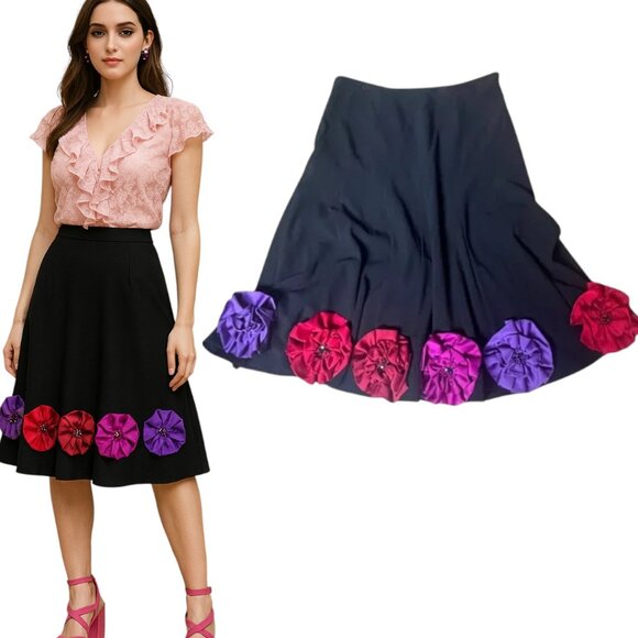 VTG. Y2K SUNNY LEIGH BLACK FLOWER APPLIQUE‎ 3D MIDI SKIRT SZ. 6 MEDIUM - Picture 1 of 6